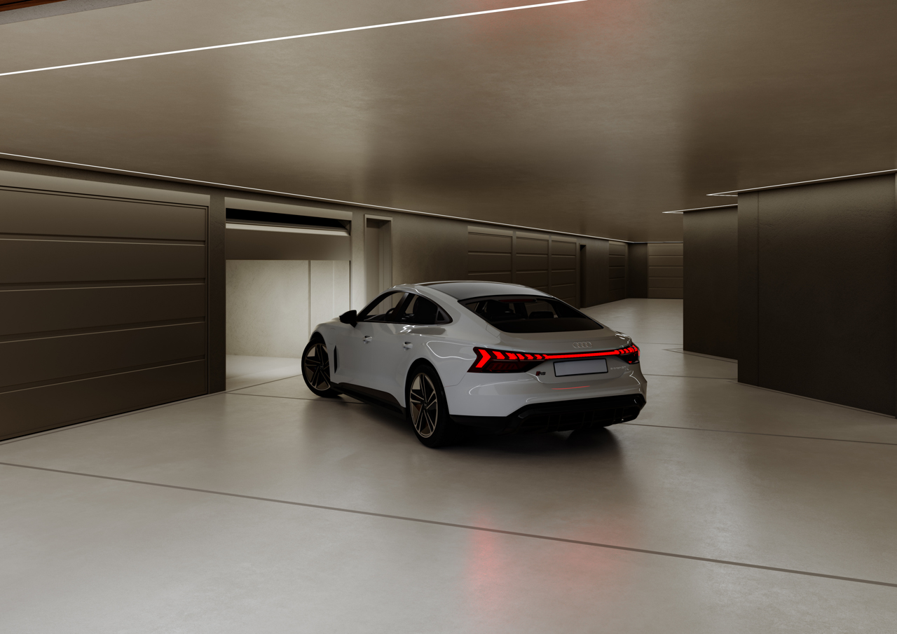 Render del garage privato al piano terra di Mura Nova Palace